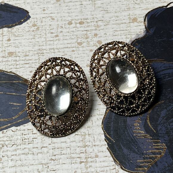 Unsigned Jewelry - Vintage 80s Gunmetal Silver Stone Statement Earrings